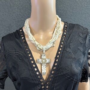 Elegant White Beaded Cross Necklace